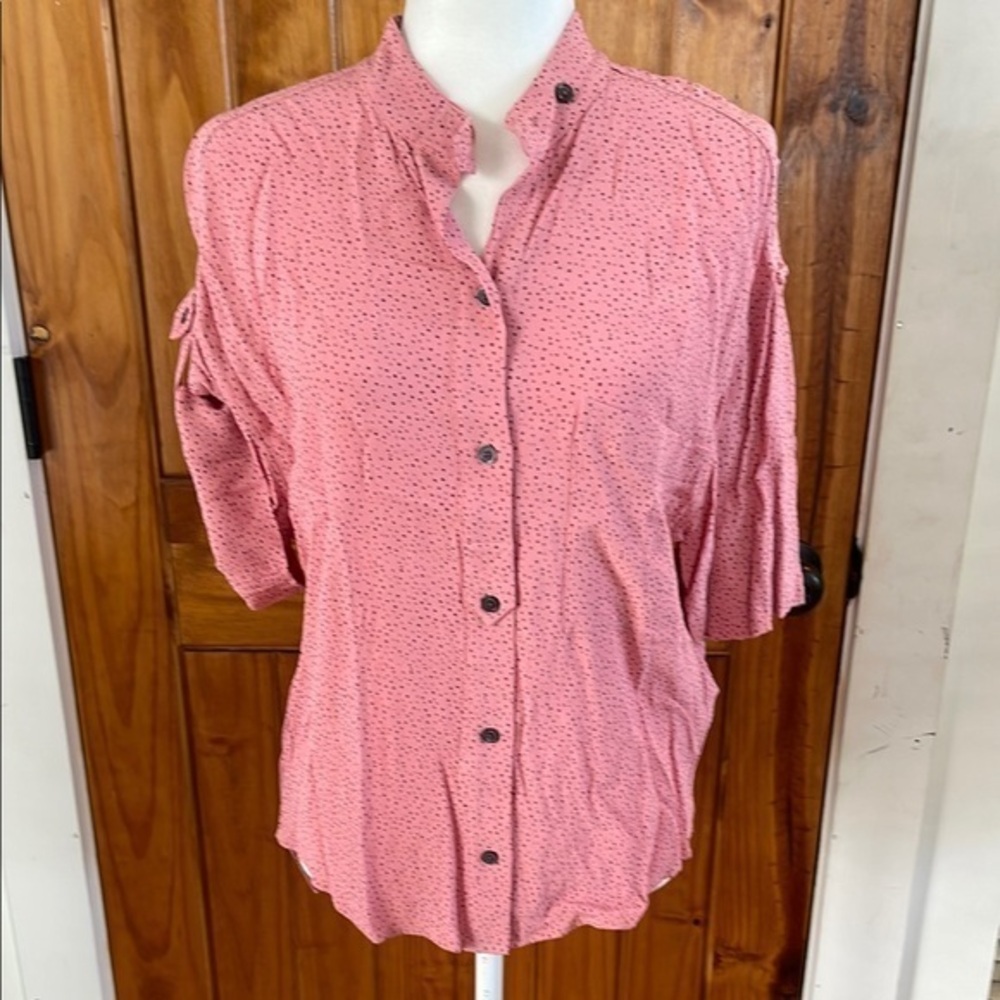 Equipment Femme Rose Pink Black Polkadot short Sleeve button down top Small